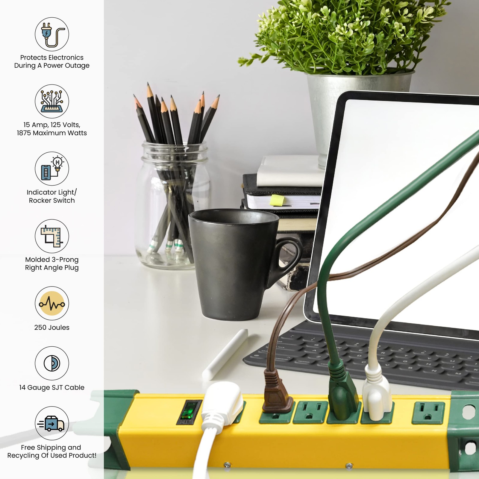 GoGreen Power (GG-26114) 6 Outlet Metal Surge Protector, 250 Joules, Yellow