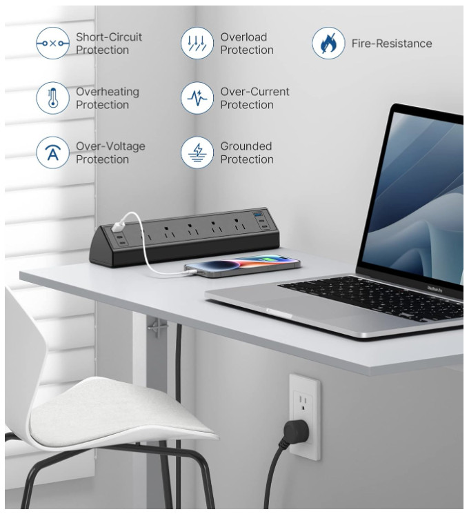 Desk Clamp Power Strip USB C, 6 USB, 5 AC, 40W Fast Charge, Surge, ETL Listed