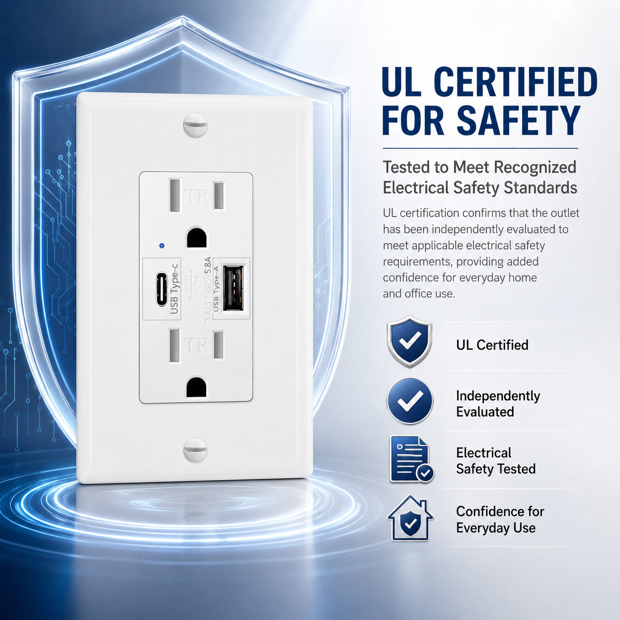15A USB Wall Outlet with Type-C and Type-A, 5V 5.8A Shared Output, White TR 3PK