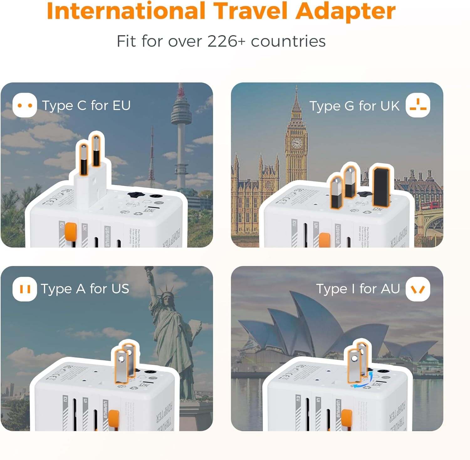 Universal Travel Adapter International Plug Adapter 1 USB C&2 USB A Type C/G/A/I