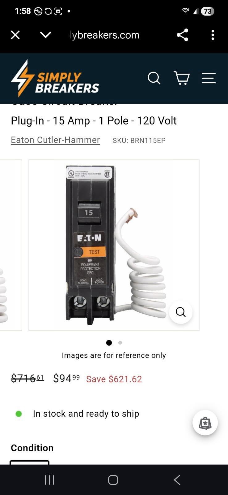 Eaton 15A/20A Plug-In Circuit Breaker GFCI AFCI Surge Protection 120V/240V