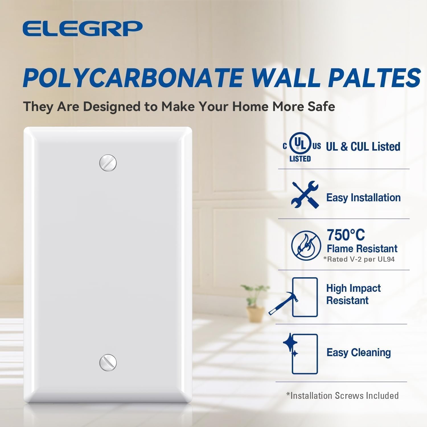Unbreakable Glossy White 1-Gang Wall Plates – Durable Faceplate Cover, 2-Pack