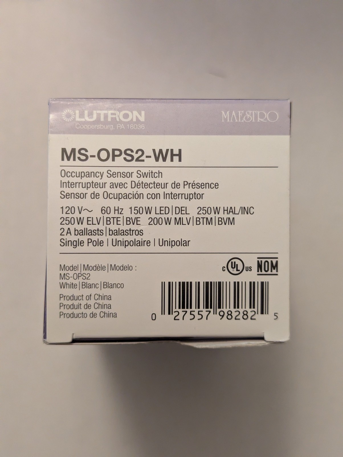 Lutron Maestro MS-OPS2-WH Motion Sensor Switch 2A