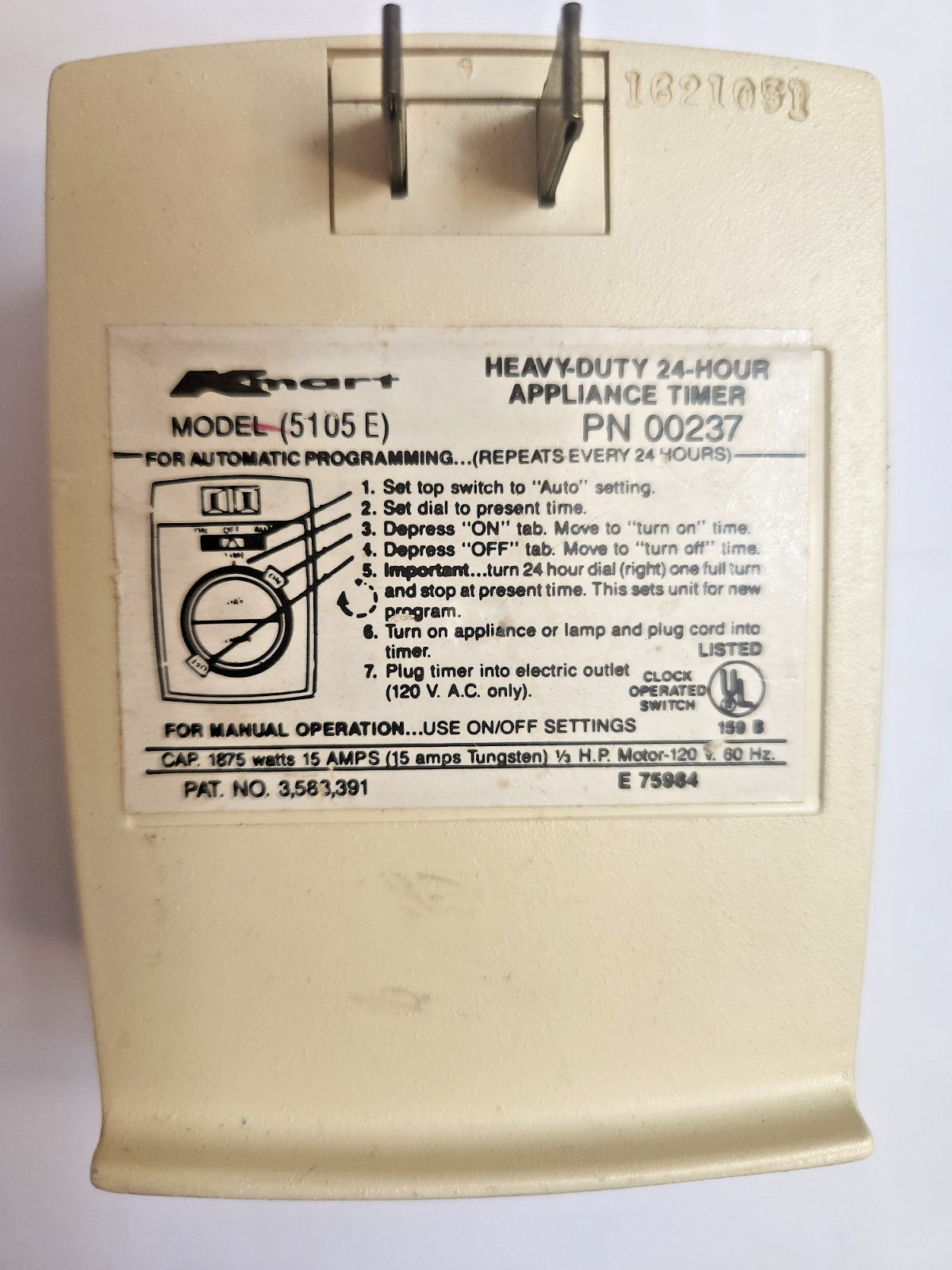 Kmart Heavy Duty Appliance Timer Model 5105 E Cream 24-Hour Programmable PN00237