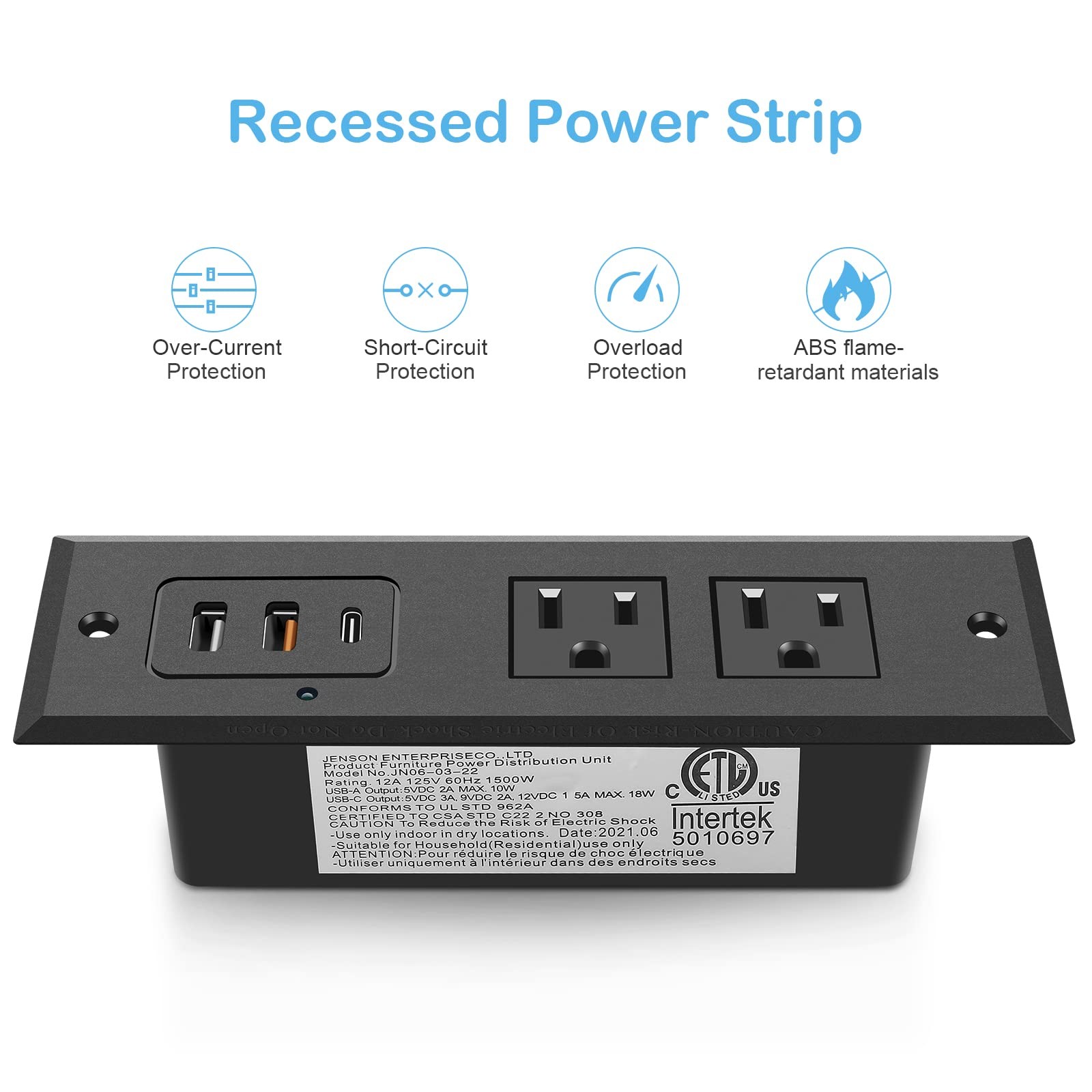 CCCEI Recessed Power Strip with 20W USB C Port, Fast Charging 6ft, 20W_Black