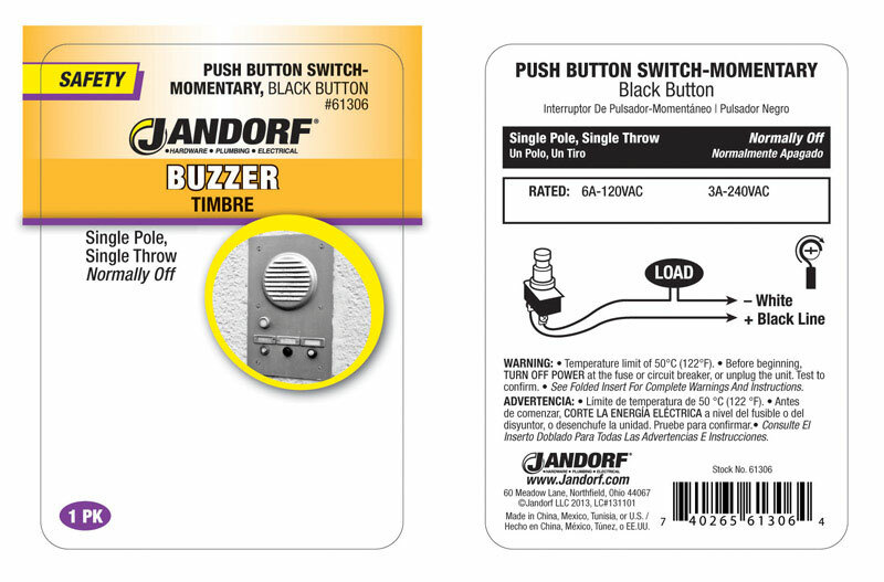 Jandorf Safety Buzzer PUSH BUTTON SWITCH Momentary Black Single Pole 61306 NEW!!