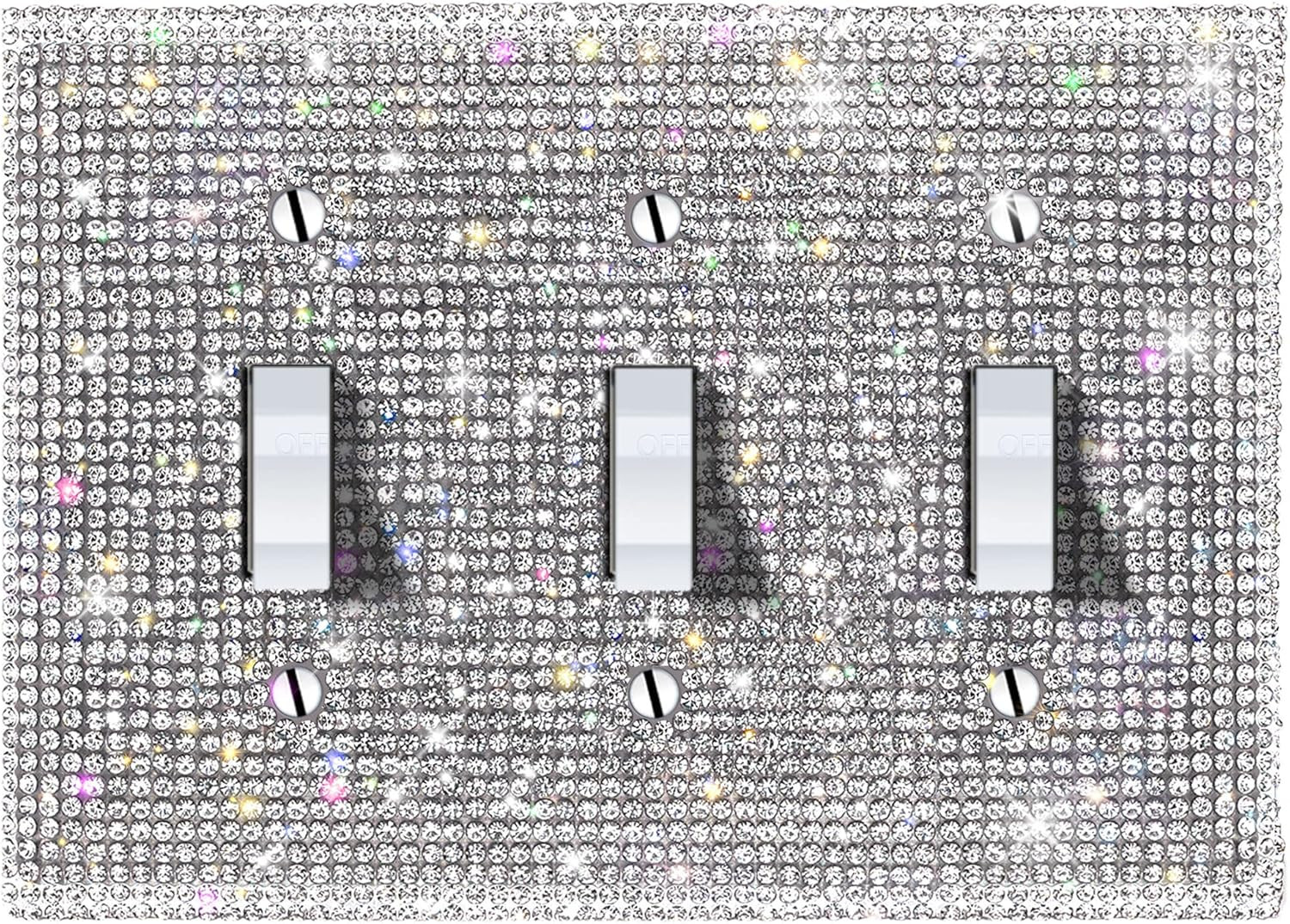 Silver Shiny Sparkle Bling Crystal Rhinestones Wall Plate Cover, 3-Gang Toggle L