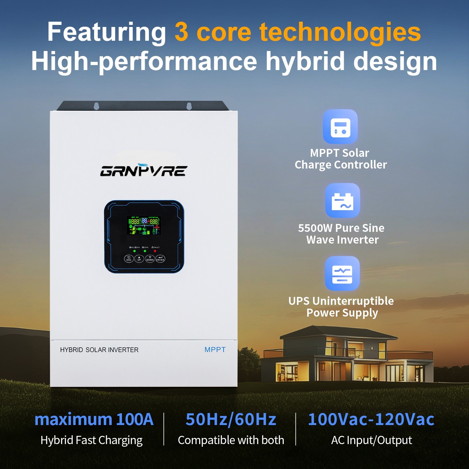 5.5KW 5500W 48V Solar Hybrid Inverter Hybrid AC 110V/120V MPPT 100A 60V~500VDC