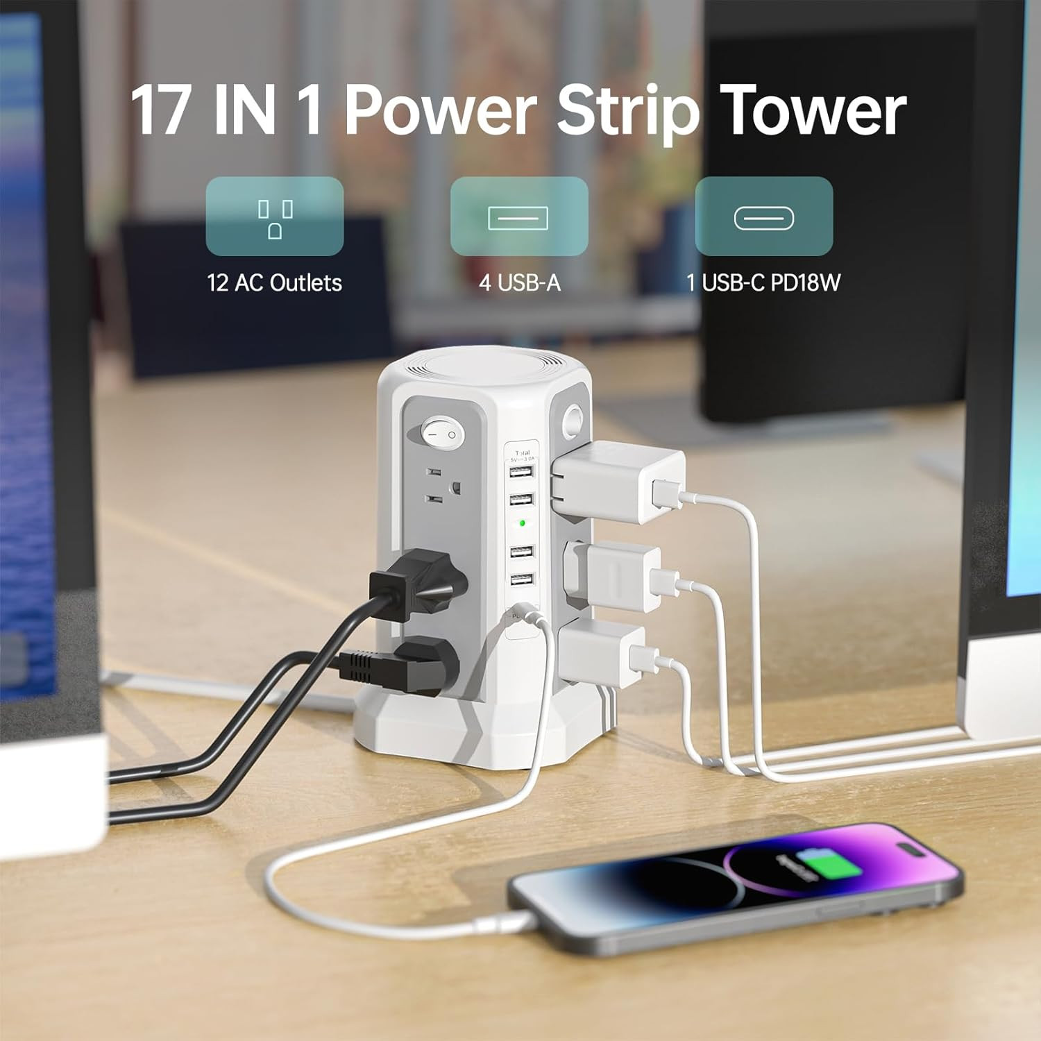 Surge Protector Power Strip Tower with PD18W USB C Port,10Ft Extension Cord with
