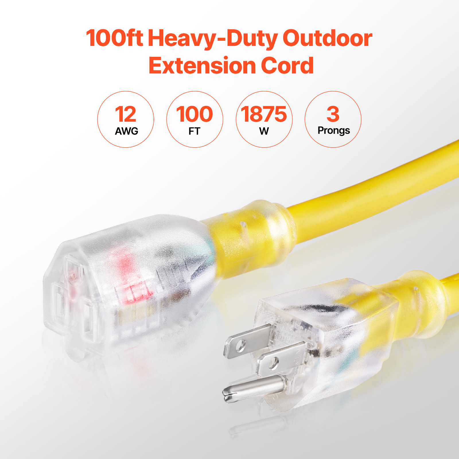 VEVOR 100FT Extension Cord 12AWG 15Amps 1875W 3 Prongs with Lighted End