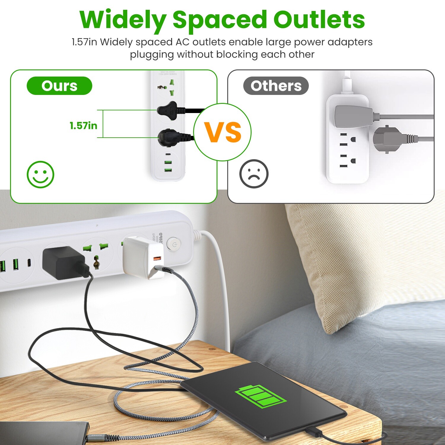 2500W Wall Mount Power Strip – 6/8 Ports Perfect for Home Office & Travel