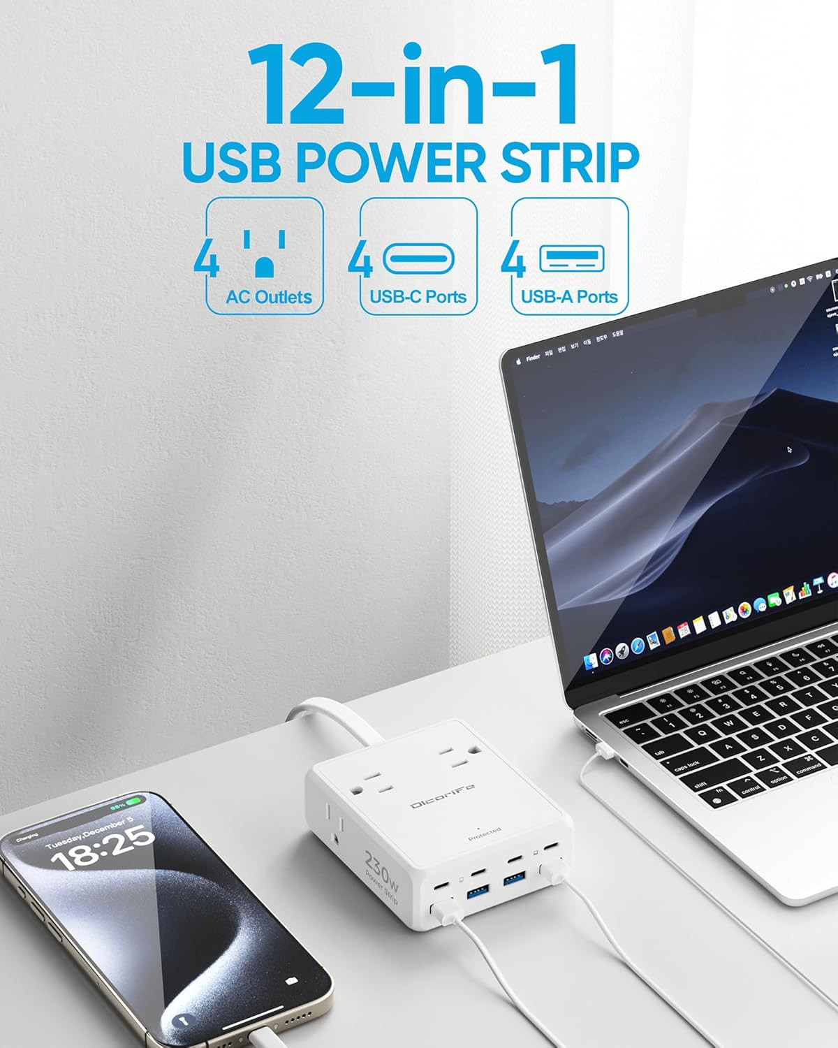 230W USB Power Strip with 5 FT Extension Cord, 4 AC Outlets 8 USB Ports(4 USB-C&