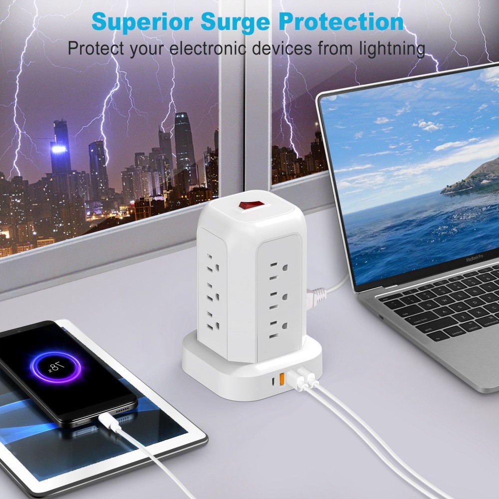 USB C Power Strip Tower, Surge Protector With 12 AC Outlet 4 USB Port 5FT Cord