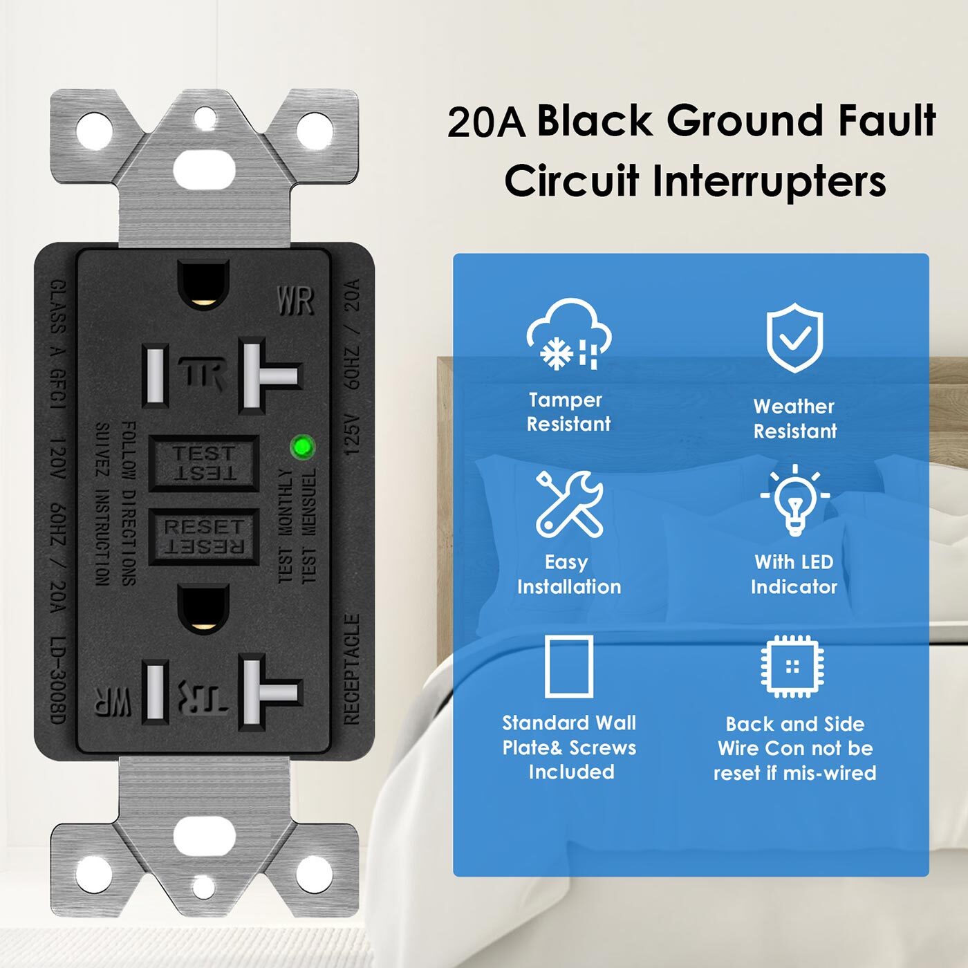 20AMP GFCI Outlet Receptacle Tamper Resistant – ETL Listed, Black GFI TR WR GFCI