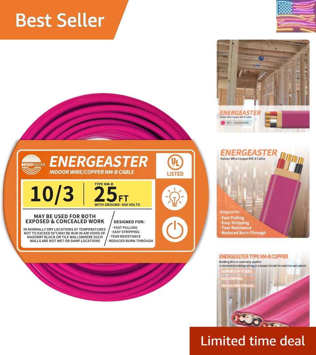 Solid Indoor 10/3 Type NM-B Pure Copper Cable 25FT Pink