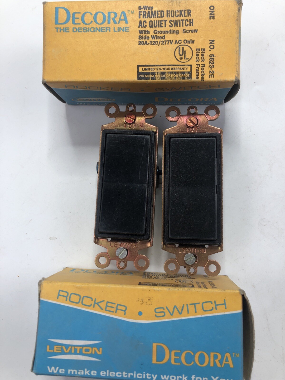 (2) Leviton 5623-2E 20 Amp, 120/277 Volt, Decora Rocker 3-Way Quiet Switch Black