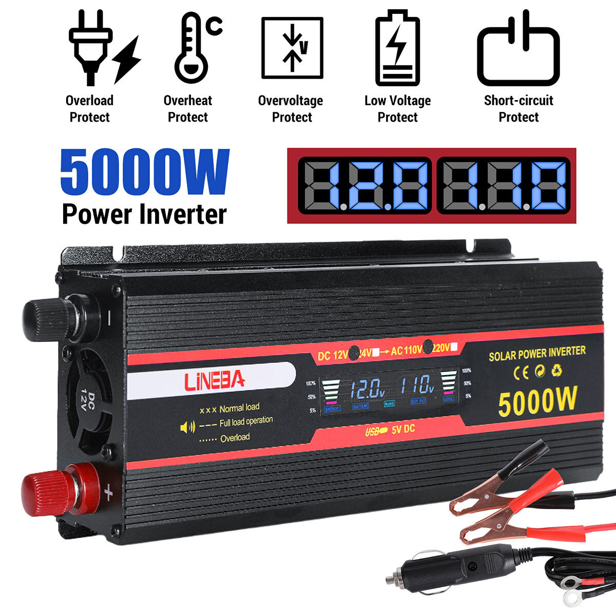 5000W Car Power Inverter DC12V/24V to 110V LCD Sine Wave Home RV Solar Converter