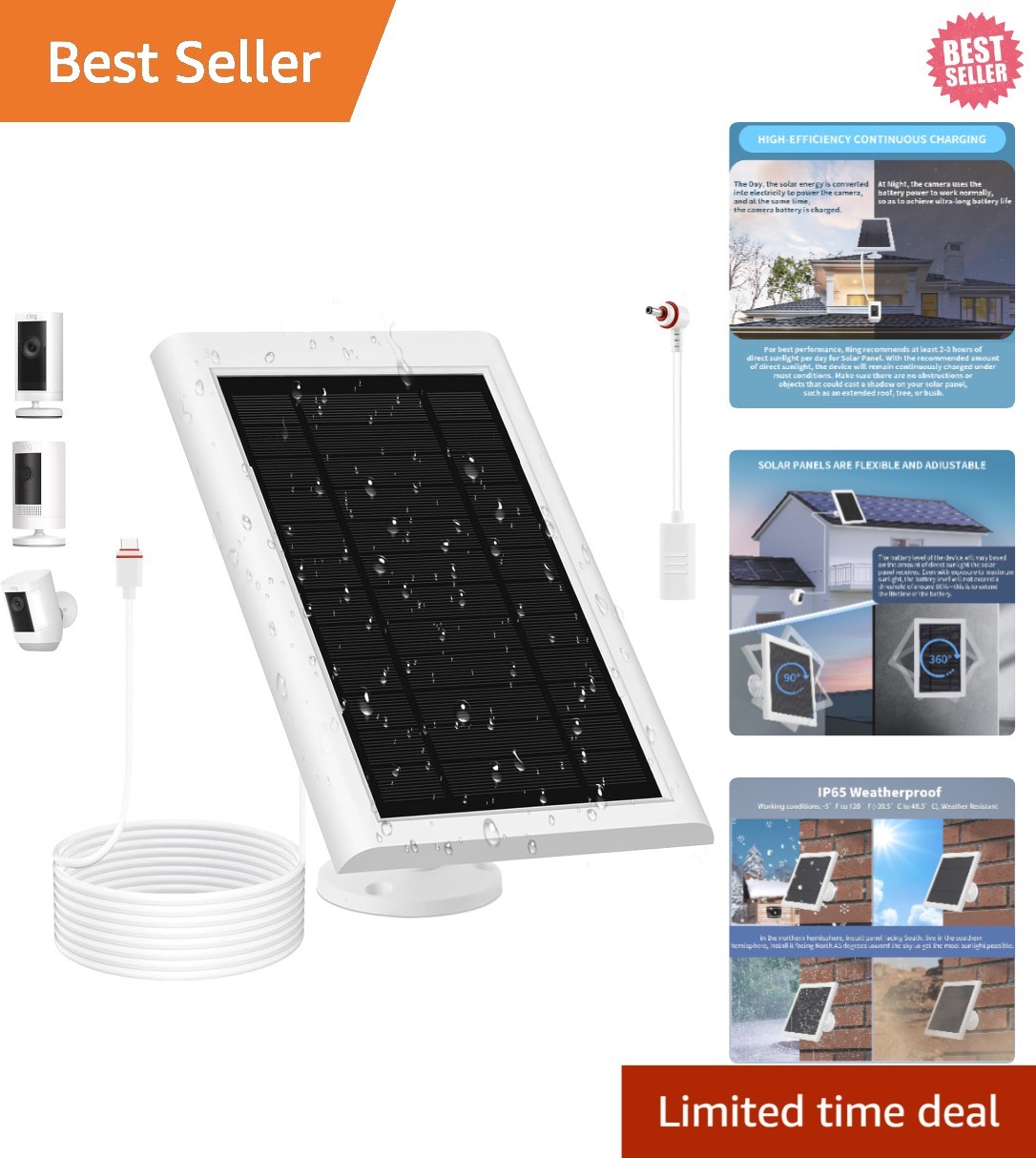 Solar Panel for Ring Camera(2nd Generation) Dustproof Waterproof 5W Solar Panel