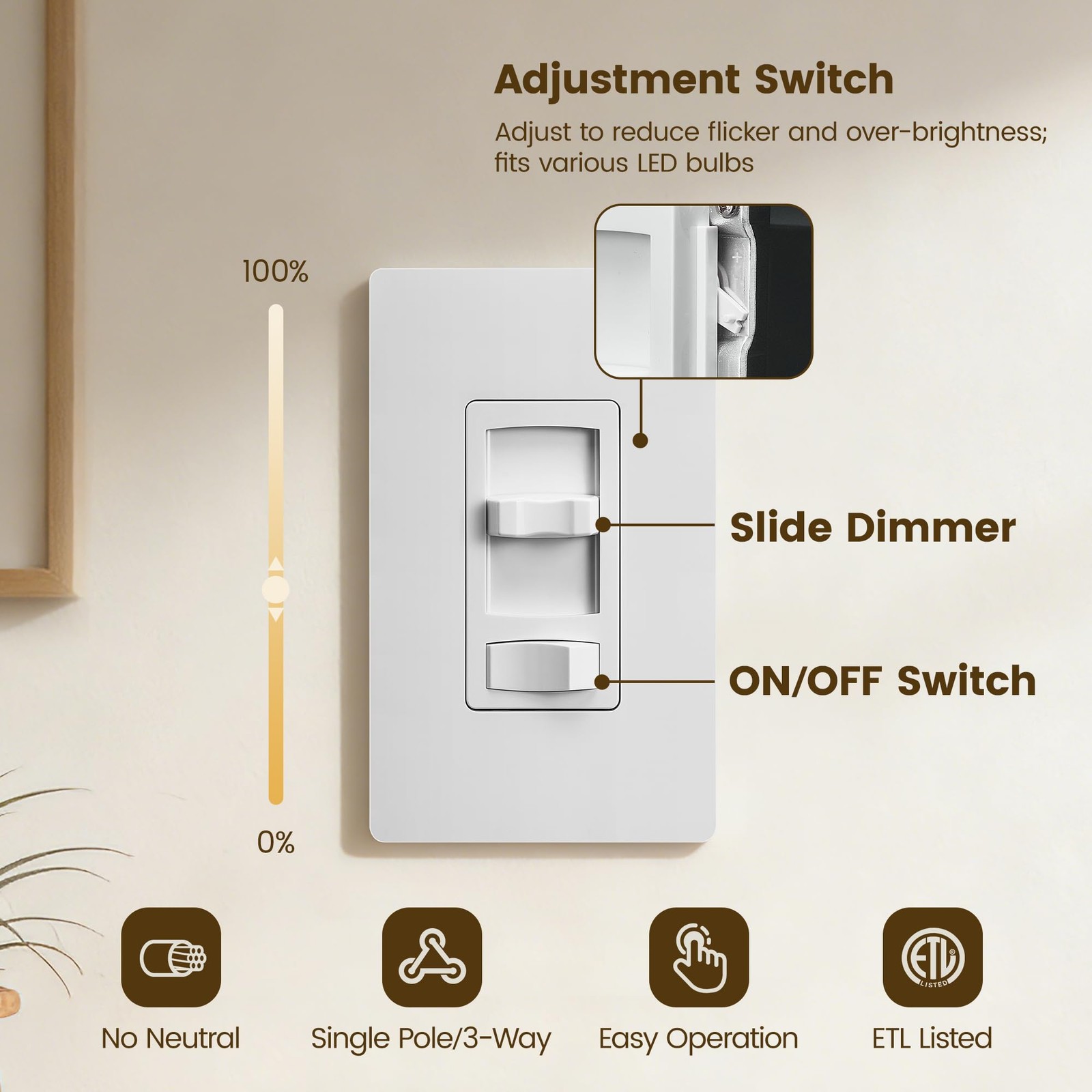 Dimmer Light Switch 6 Pack, ON/Off for LED, CFL Dimmable Bulbs, Incandescent