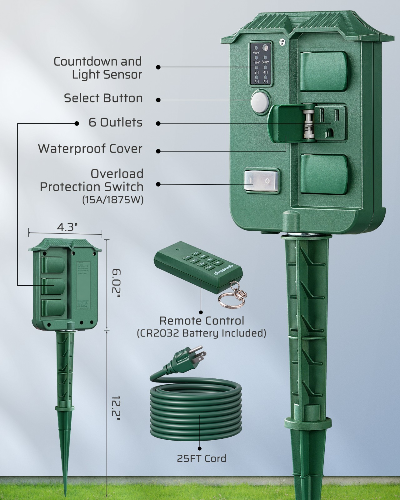 Outdoor Power Stake Timer, 25FT Extension Cord, 100FT Range Remote Control