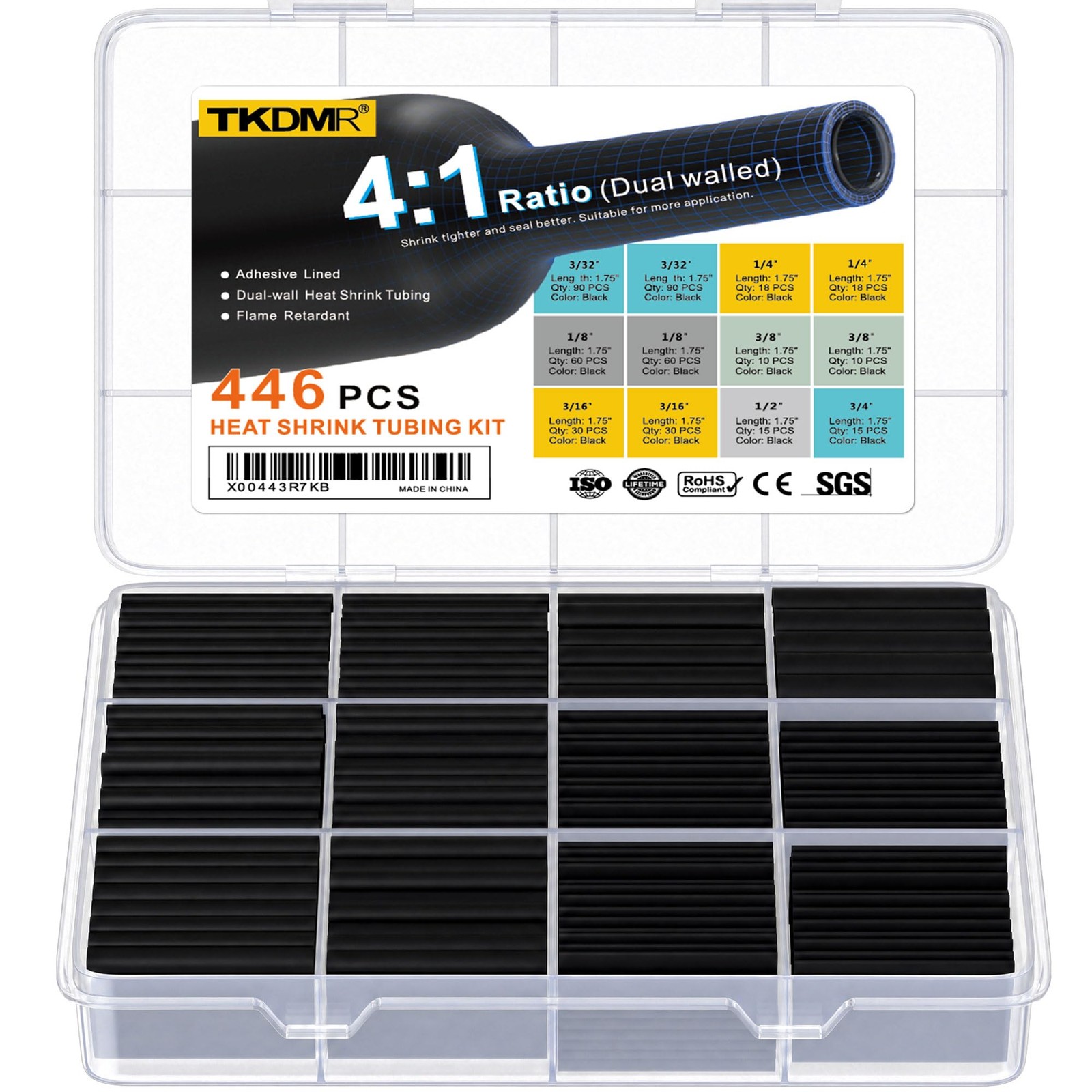 TKDMR 446 Pcs Heat Shrink Tubing Kit – 4:1 Ratio Adhesive Lined, 1.75″ Length