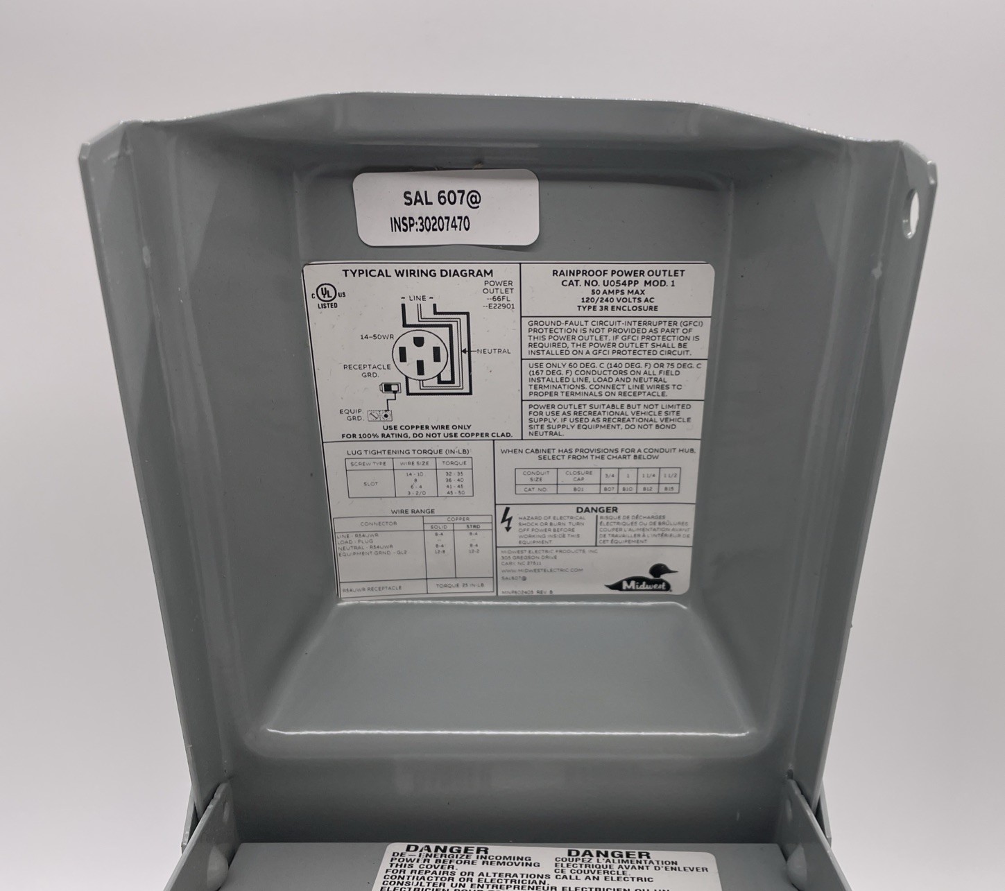 Midwest Outdoor 50A RV Power Outlet Box U054PP Pre Wired 14-50WR Receptacle