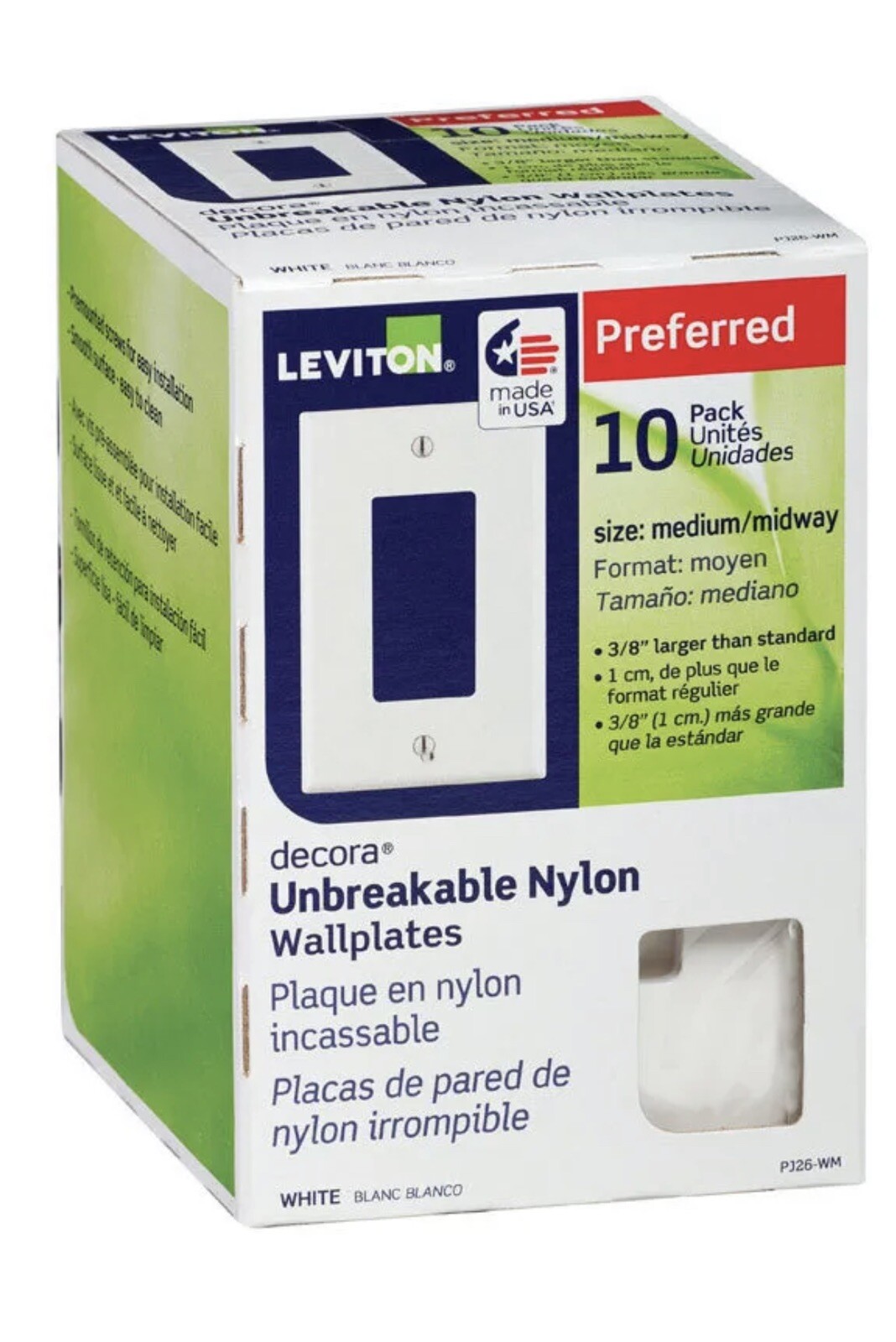 Leviton PJ26-WM 1-Gang Decora/GFCI Decora Wallplate White 10-Pack