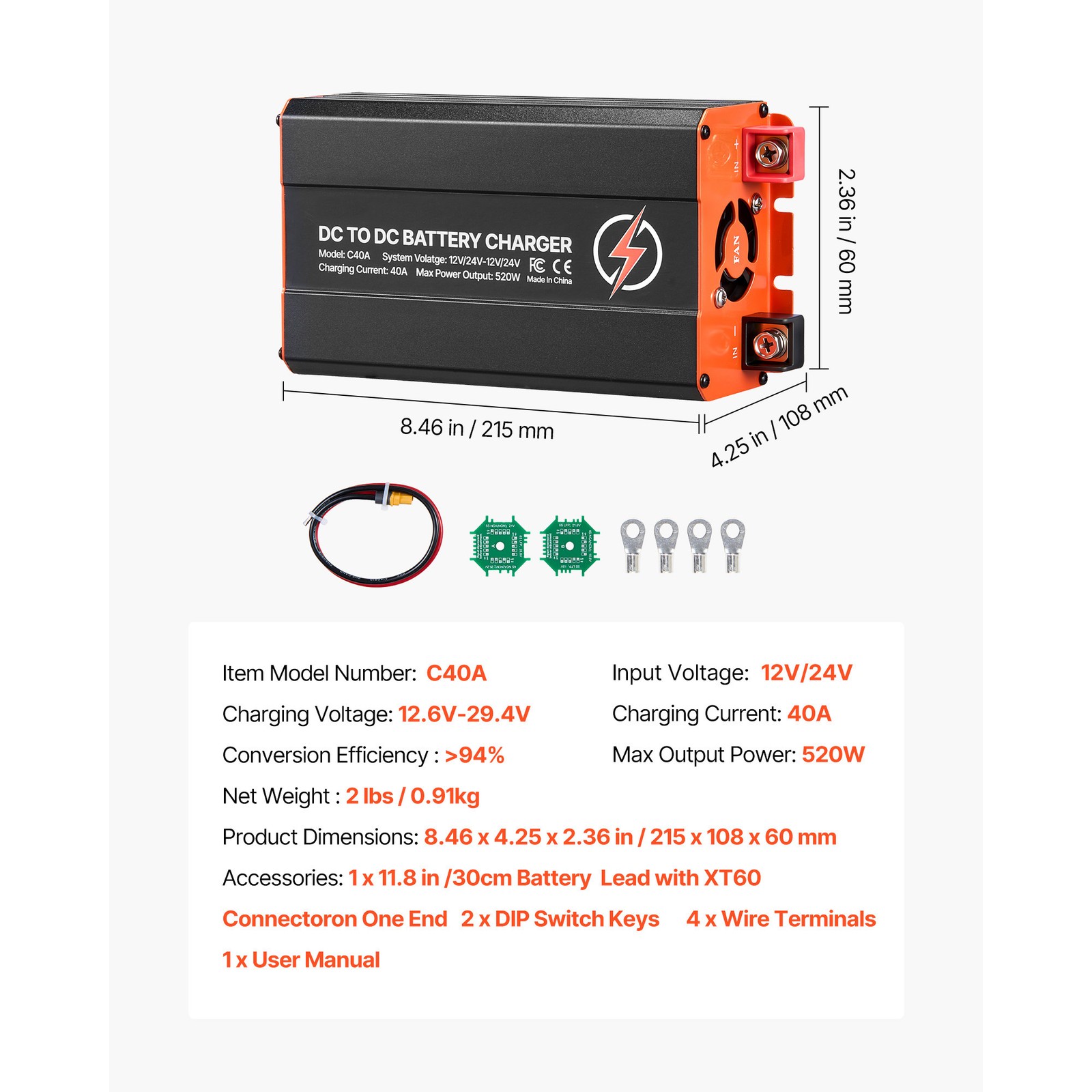 Uimoso 40A DC to DC Charger for LiFePO4 and Lead-Acid Batteries, 520W
