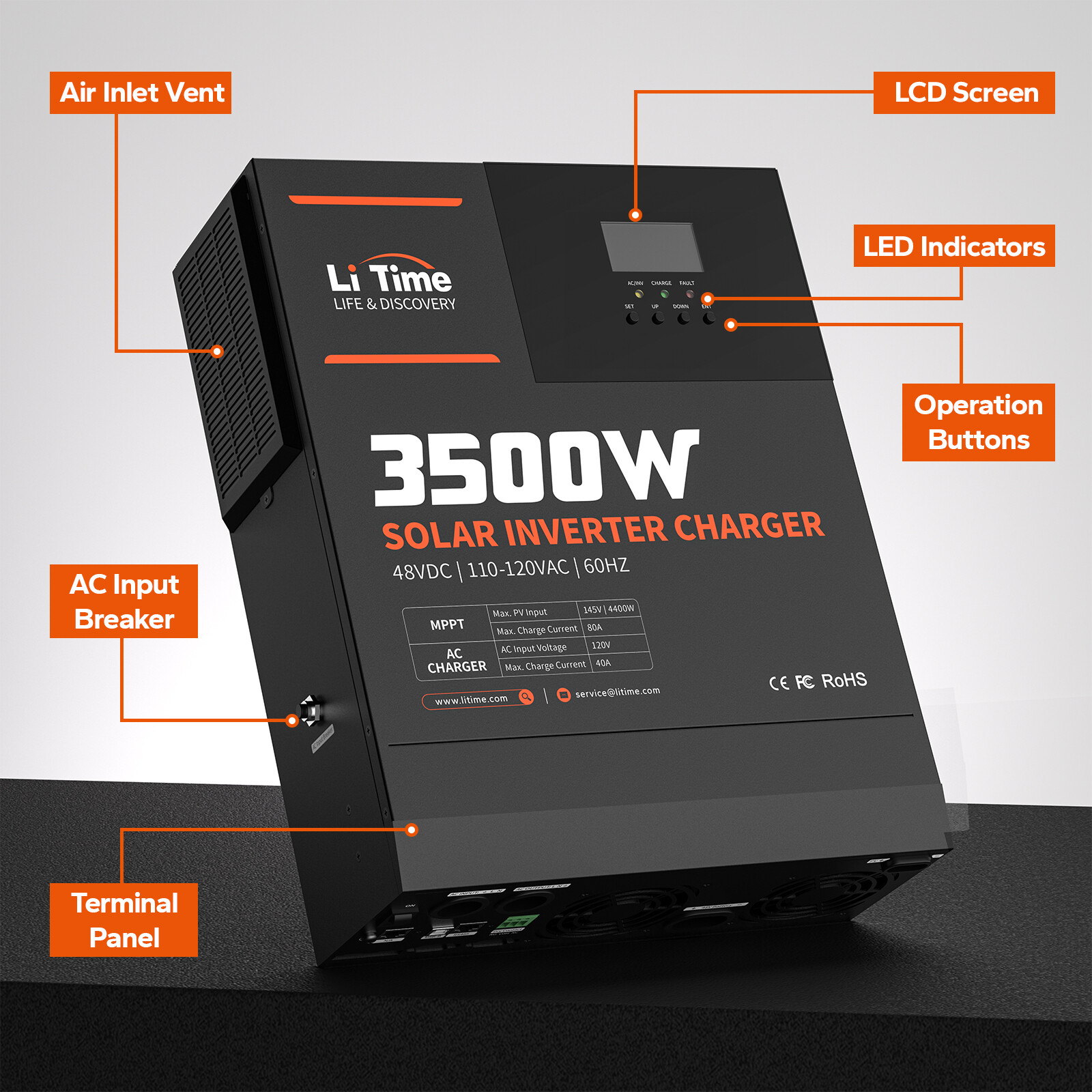 LiTime 3500W 48V DC 110-120V AC All In One Solar Inverter Charger For Home UPS