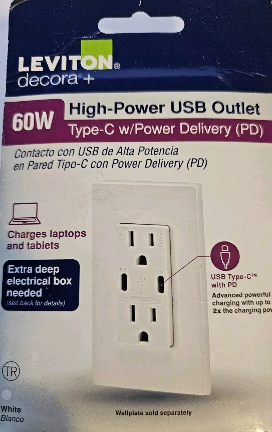 Leviton Decora 15 Amp Tamper Resistant Duplex Outlet with 60W USB-C Power Delive