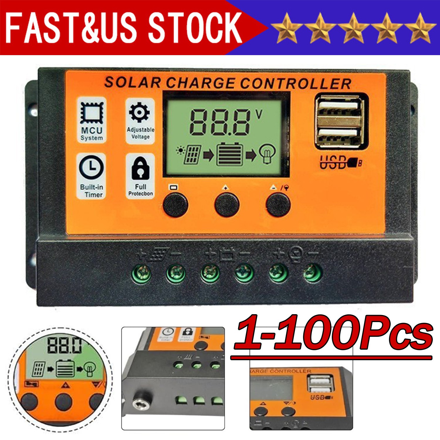 100A MPPT Solar Panel Regulator Charge Controller Auto Focus Tracking 12/24V US