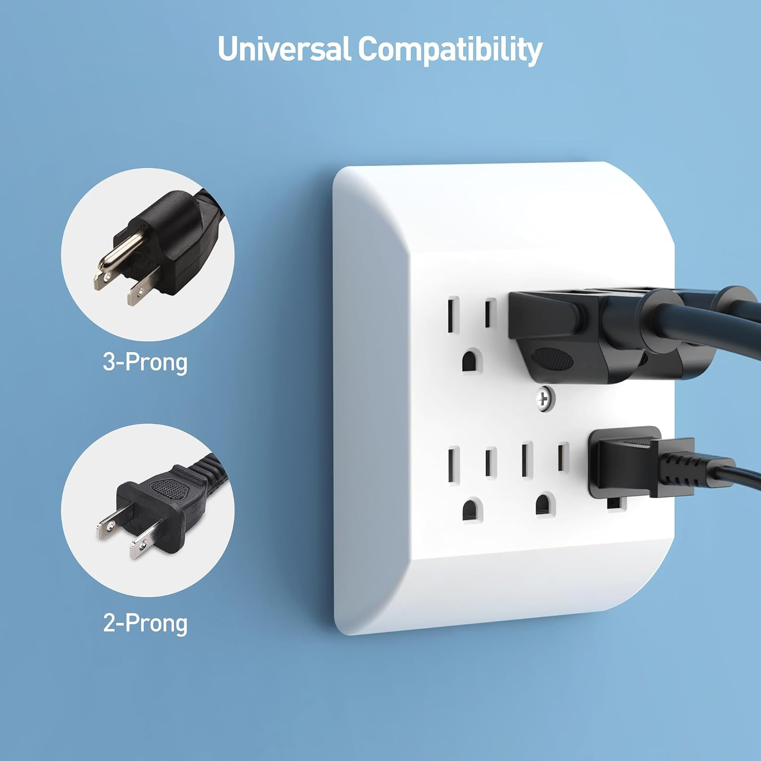 [ETL Listed] 2-Pack 15A 1875W 6 Outlet Extender Wall Tap | 6 Way