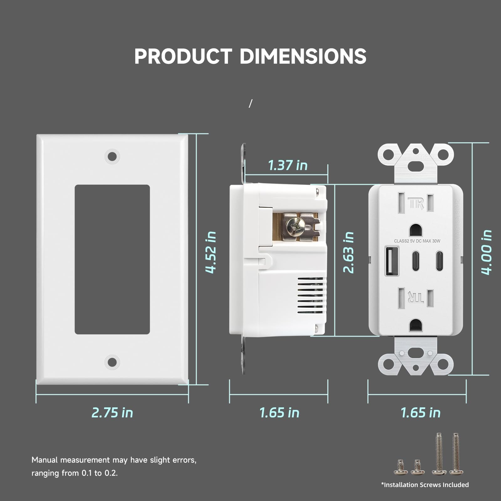 30W 6.0A USB Outlets, 15 Amp Duplex Tamper-Resistant Receptacle Plug with Dua