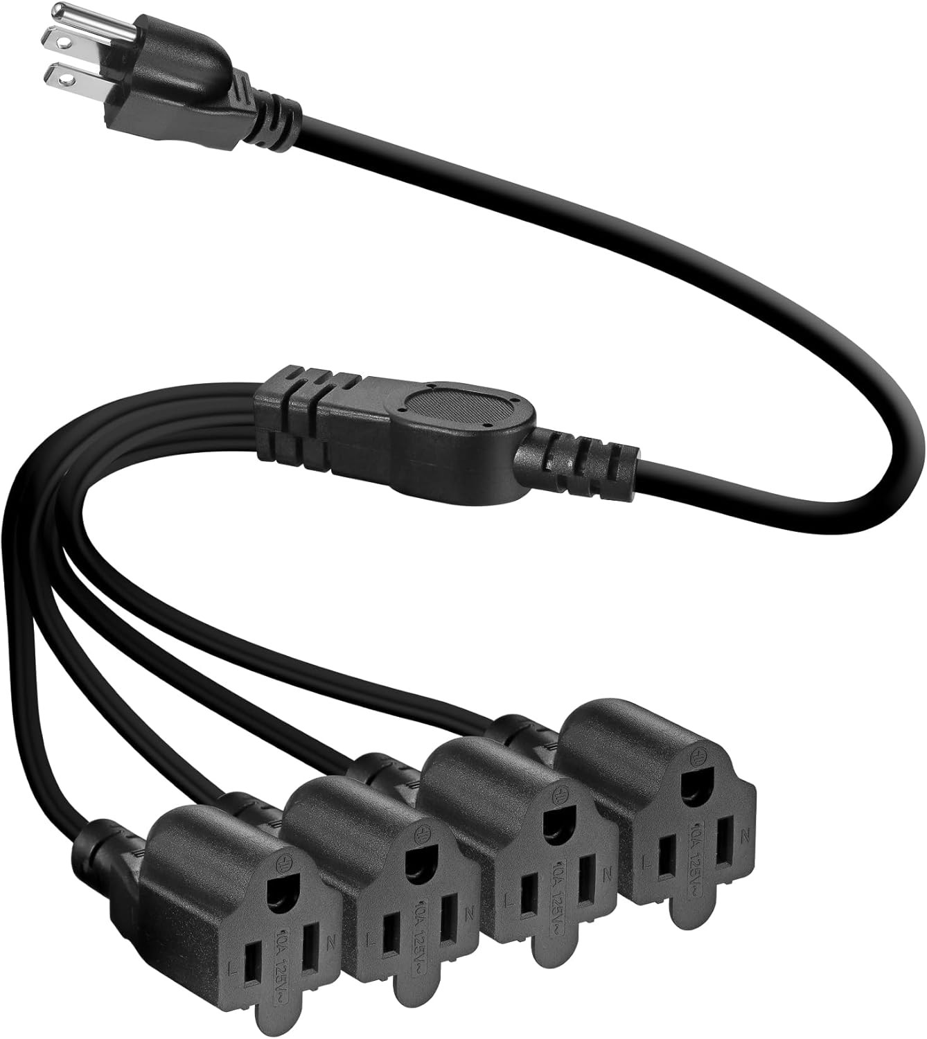 4 Way Power Splitter Cord 1 to 4 Extension Cable 16AWG 125V 20 Inch Black