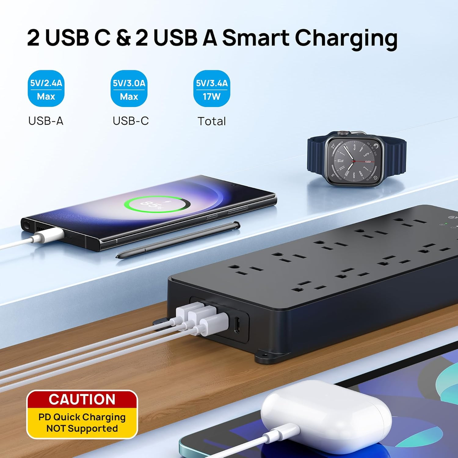 Power Strip Surge Protector, 4000J, ETL Listed, 10 Widely Spaced Outlets with 2