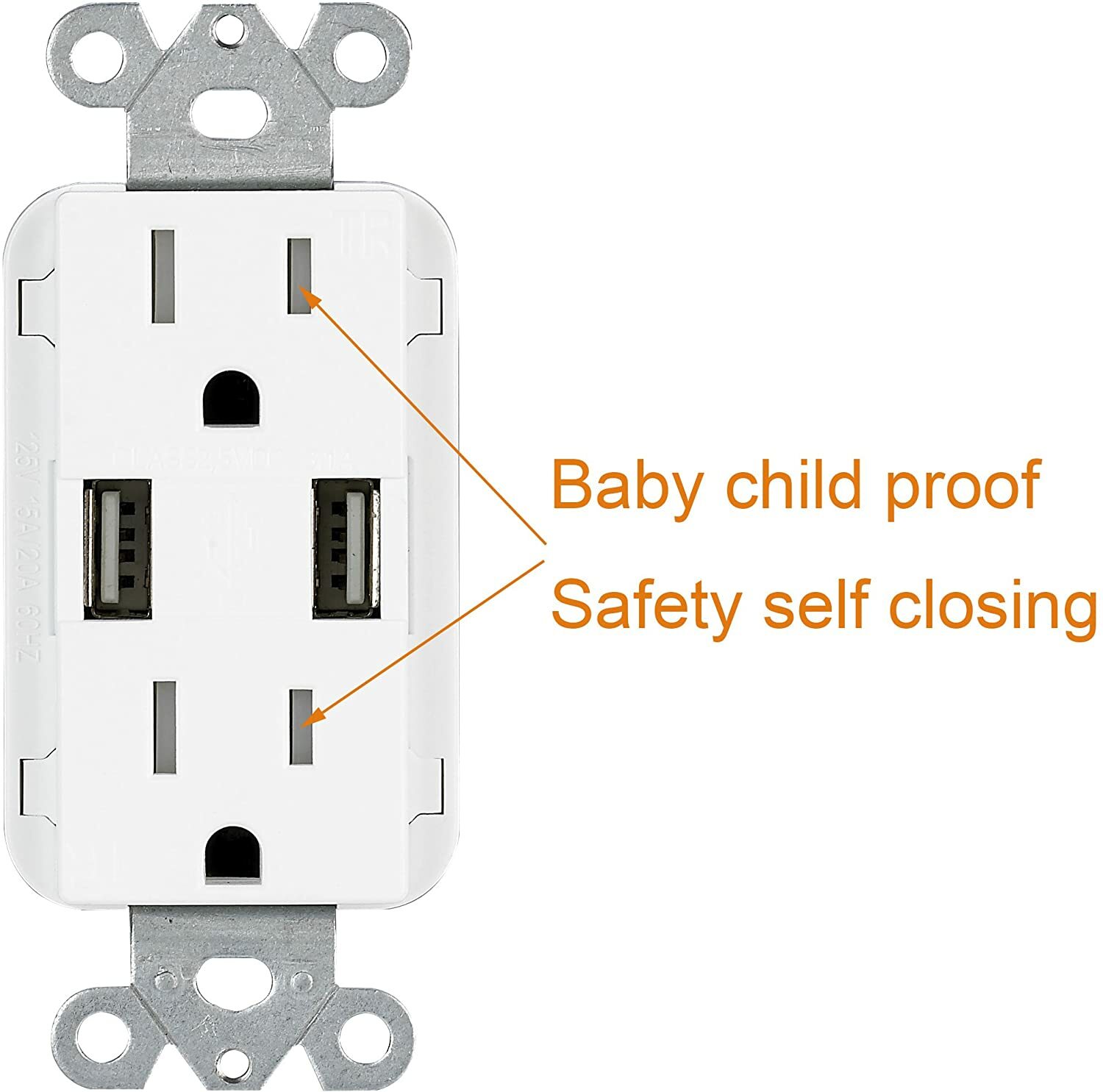 4.8A USB Outlet, USB Wall Outlet 15A TR Receptacle Capability, USB outlet 10pack