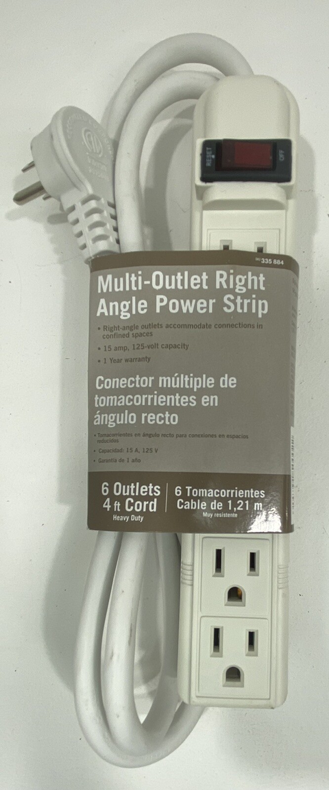 Multi Outlet Right Angle Power Strip, 6 Outlets, 4ft Cord. 15 amp, 125-volts.