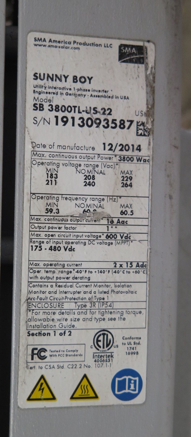 R202716 SMA SunPower Sunny Boy SB3800TL-US-22 String Inverter 3800W