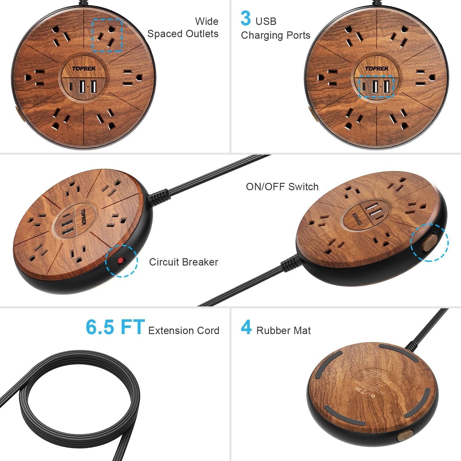 Power Strip with USB – 6 Outlets, 1 USB-C 20W PD, 2 USB-A – Wood Finish Power…