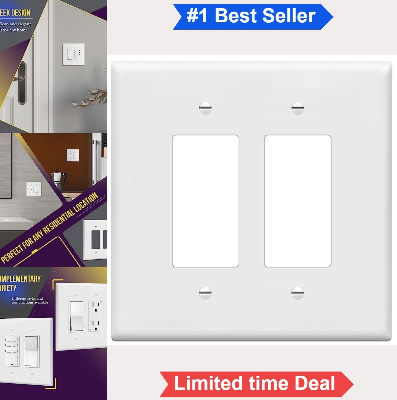 Double Decorator Wall Plate 2 Gang 5.5 Inch White Polycarbonate Outlet Cover