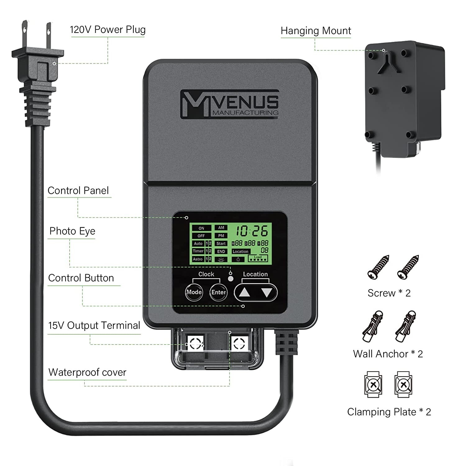 120W Outdoor Low Voltage Transformer with Timer and Photo Sensor, 120V AC to 15V