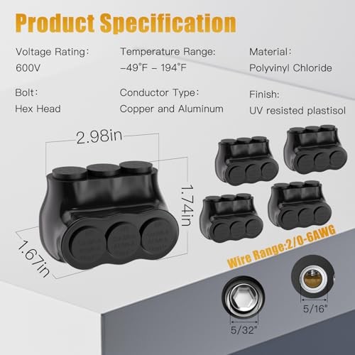 5PCS 3 Port Insulated Connector, Single-Sided Splice, 5PCS 3port 2/0-6AWG