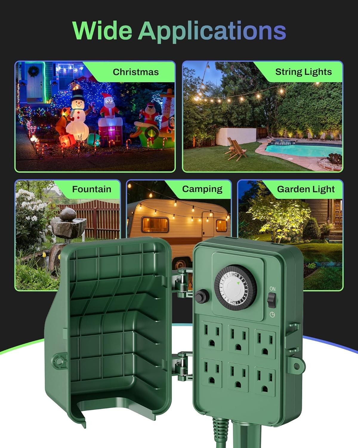 BN-LINK 24 Hour Outdoor Mechanical Timer 6 Outlets Garden Power Stake Waterproof