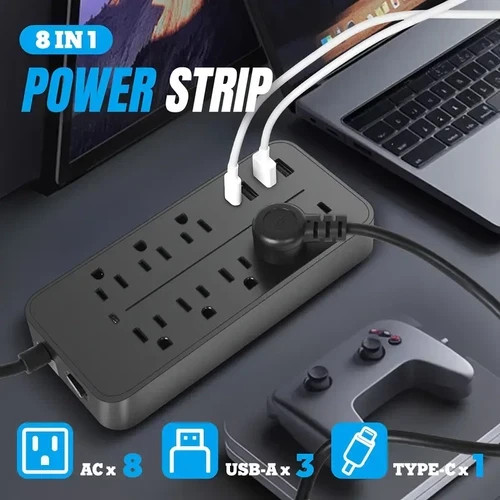 US Power Strip Surge Protector 8 AC Outlets 3 USB Ports + Type C Port 4 FT Cable