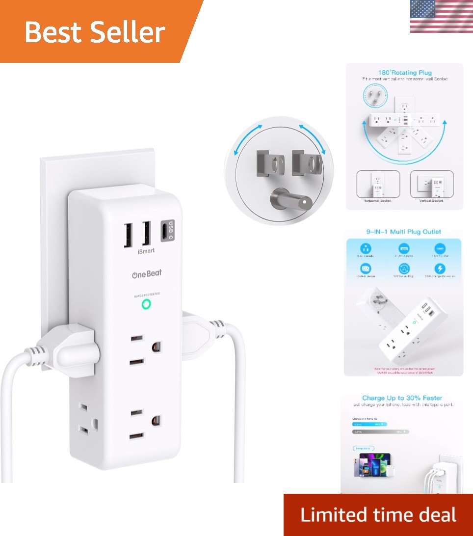 3-Sided Surge Protector with 6 AC Outlets & Rotating Plug for Home & Travel