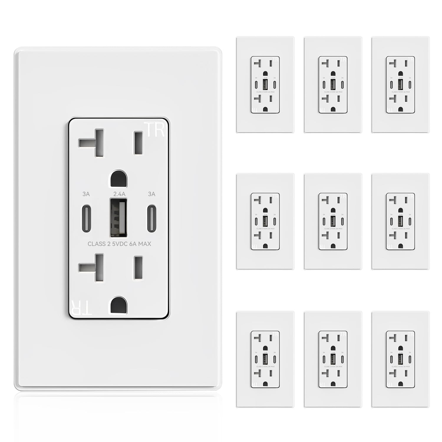USB Outlets, 30W 6.0 Amp USB C Outlets Receptacles, 3-Port USB Wall Outlet, 15 A