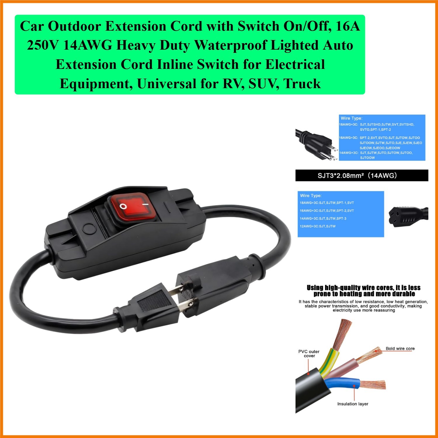 Car Outdoor Extension Cord with Switch On/Off, 16A 250V 14AWG Heavy Duty Wate…