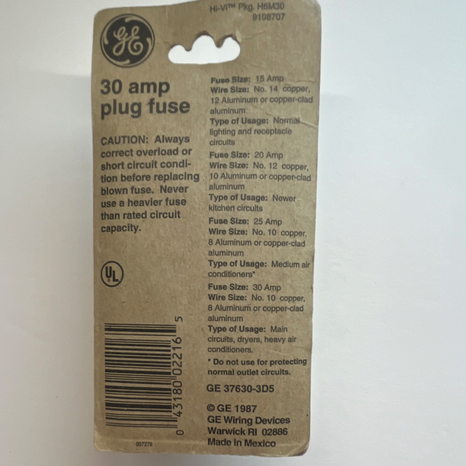 GE 37630-3D5 30A 125V AC Plug (Screw-In) Fuse UL Listed 3-Pack