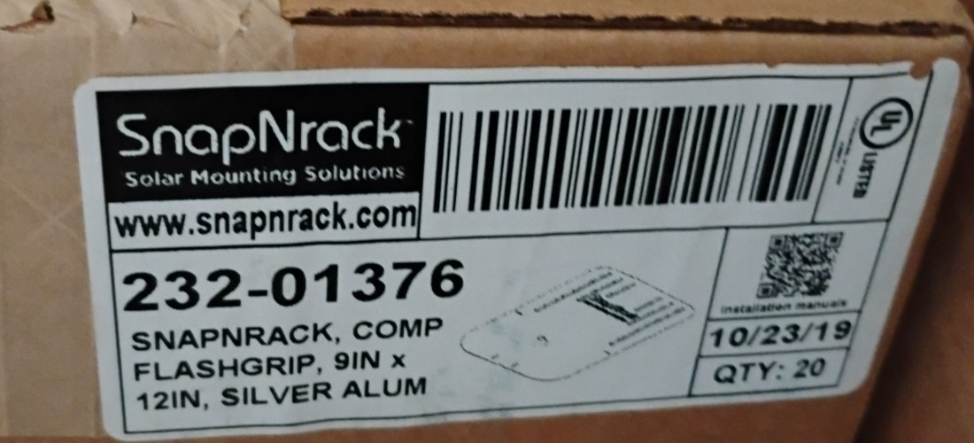 Box of 20 SnapNrack Solar Roof Flashgrip 9″ x 12″ Silver Alum 232-01376 Flashing