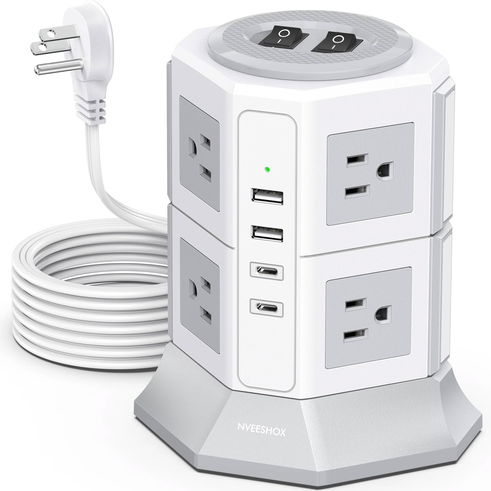 12 in 1 Tower Power Strip 8 Outlets 4 USB 1080J 6.5ft